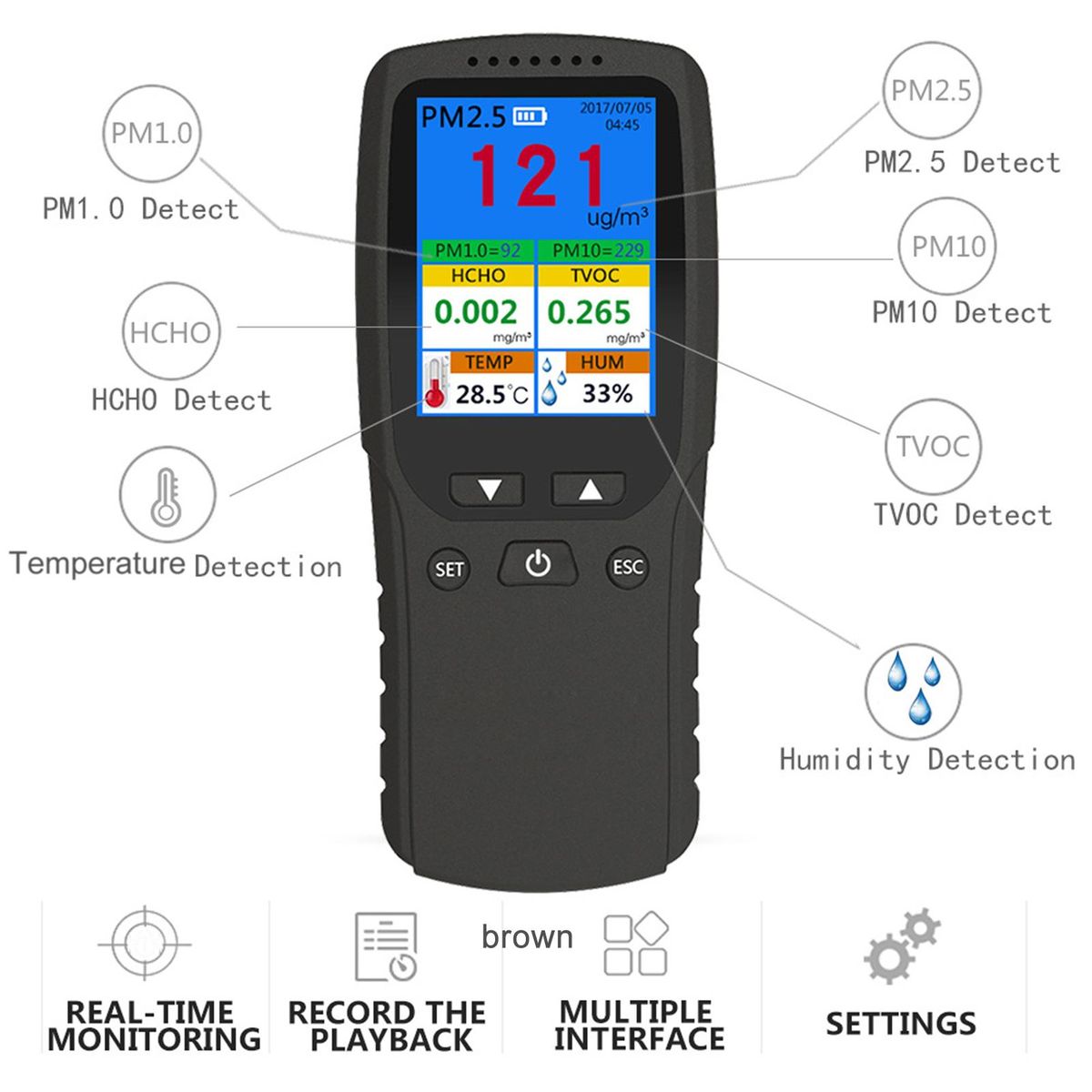 Air Quality Monitor for PM2.5 PM1.0 PM10 Formaldehyde TVOC Temperature Humidity LCD Screen Real Time Display