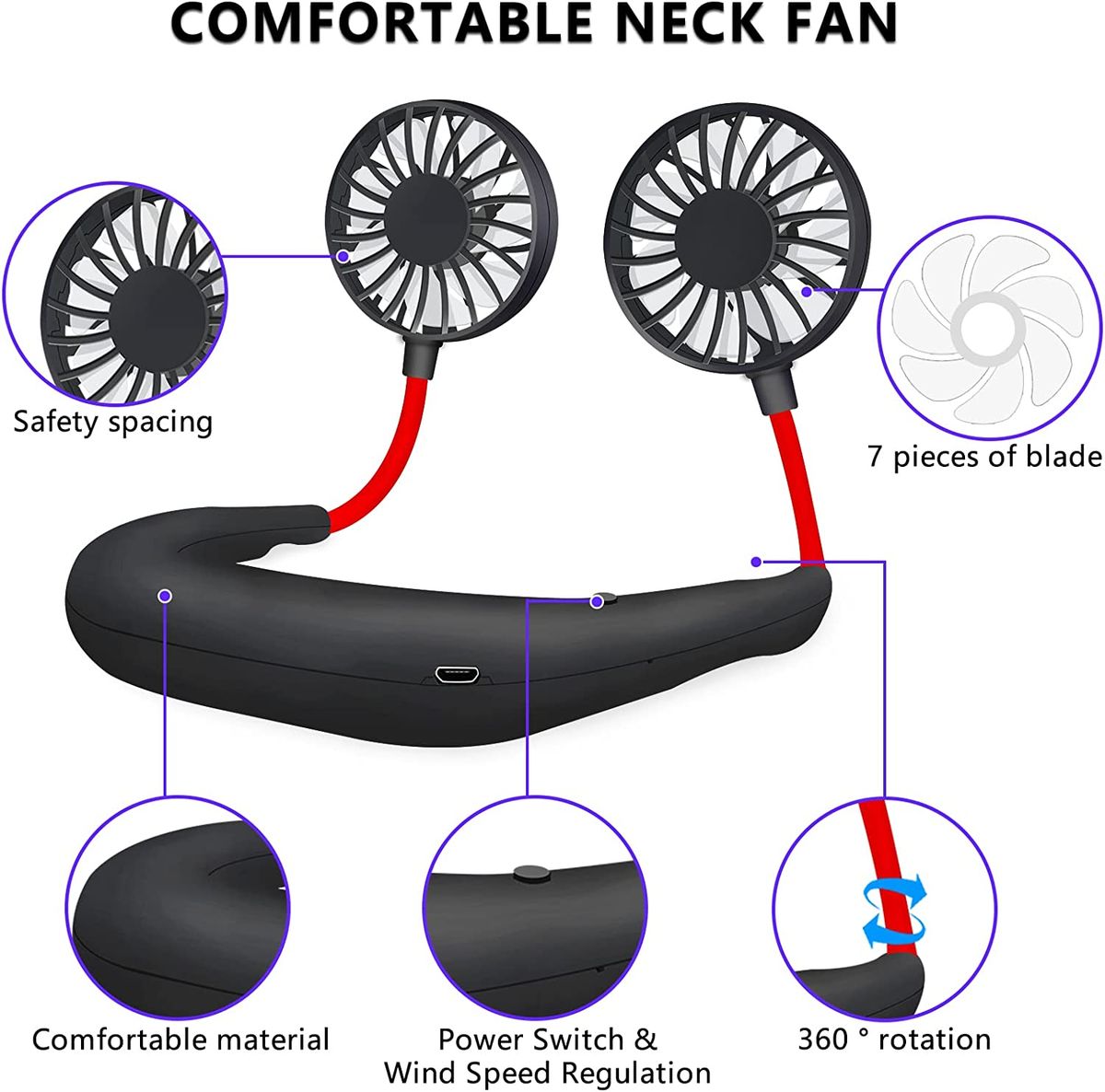 Portable USB Personal Hand Free Mini Lazy Person Neck Fan-Black