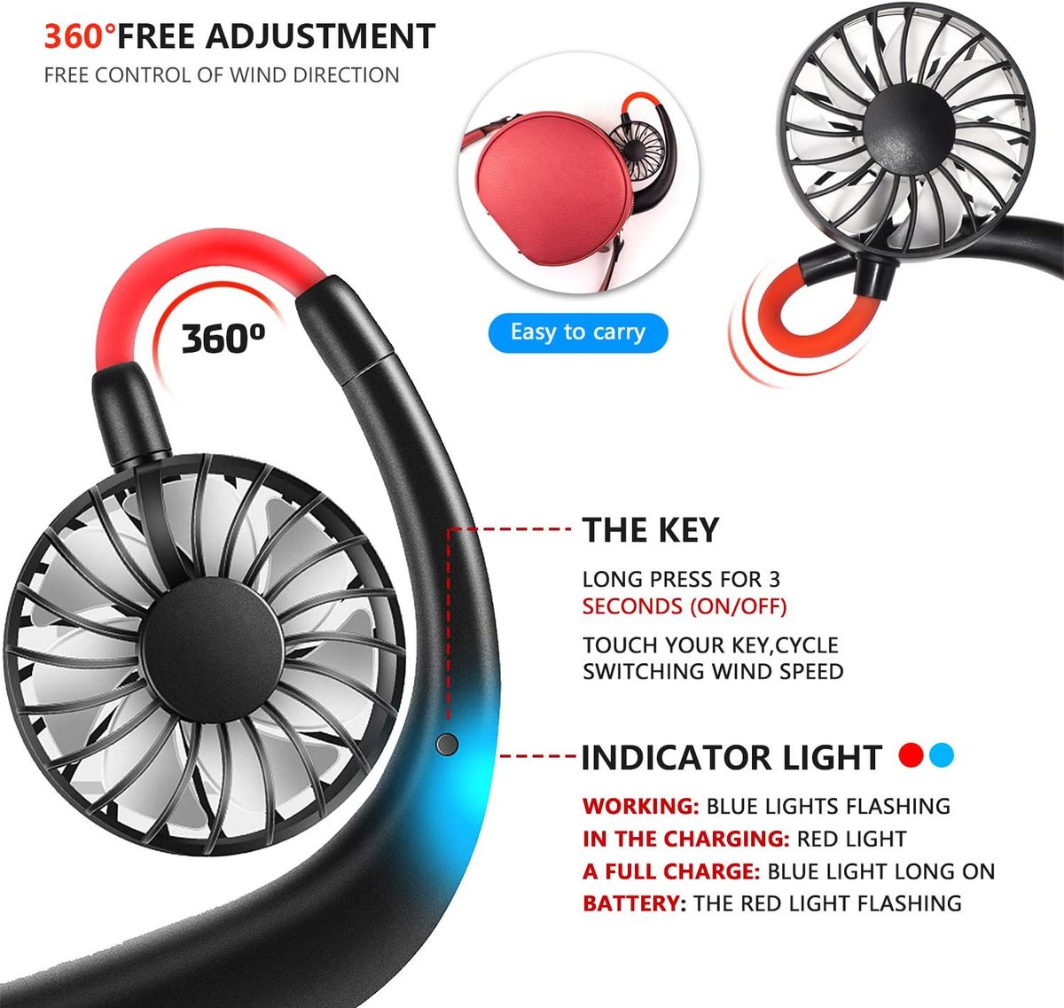 Portable USB Personal Hand Free Mini Lazy Person Neck Fan-Black