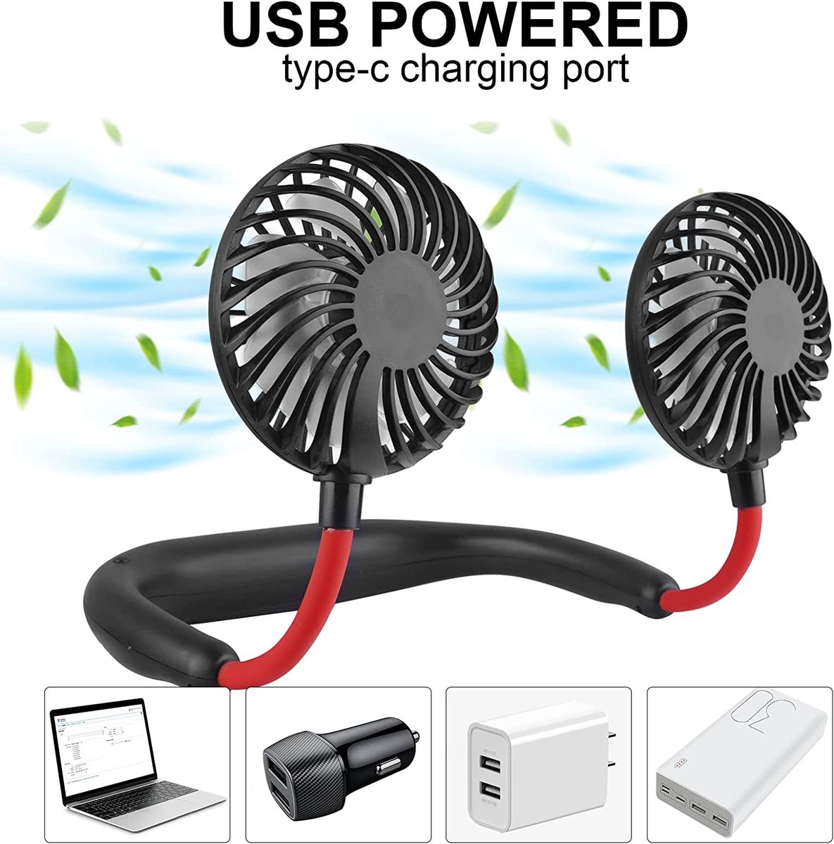 Portable USB Personal Hand Free Mini Lazy Person Neck Fan-Black