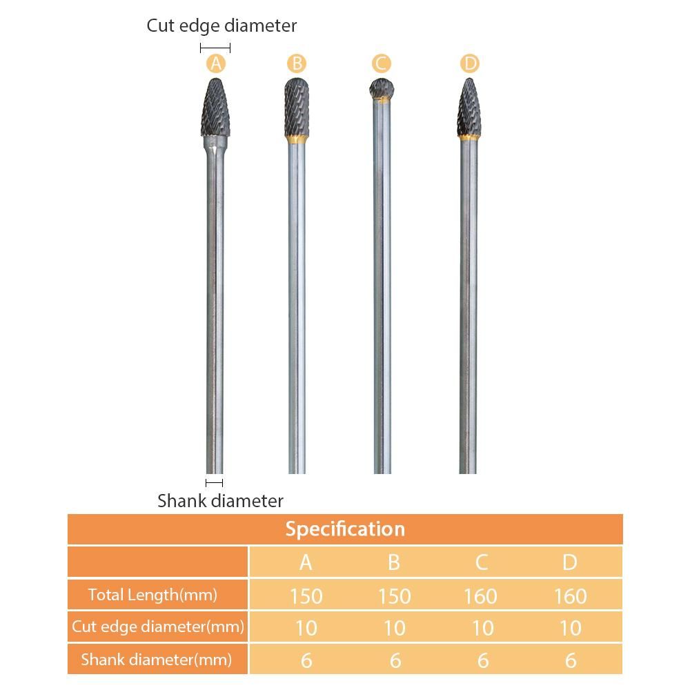 4Pcs Tungsten Steel 1/4'' Shank Rotary Cutting Burrs 10mm Cutting Edge Diameter 150/160mm Length for Carving Polishing Drilling