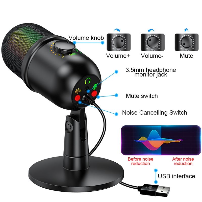 RGB USB Condenser Microphone Professional Vocals Streams Mic Recording Studio Micro For PC YouTube Video Gaming Computer