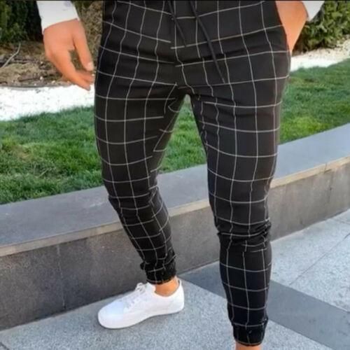 Long pants adjusted high waist for men Skinny plaid checkered sweat pants