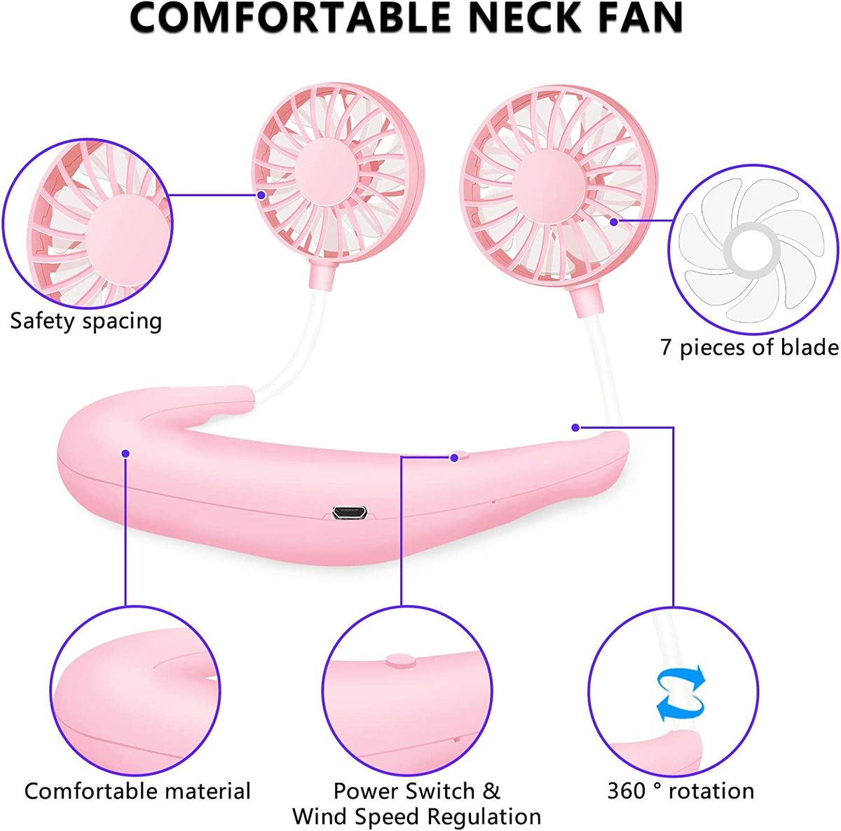 Portable USB Personal Hand Free Mini Lazy Person Neck Fan-Pink