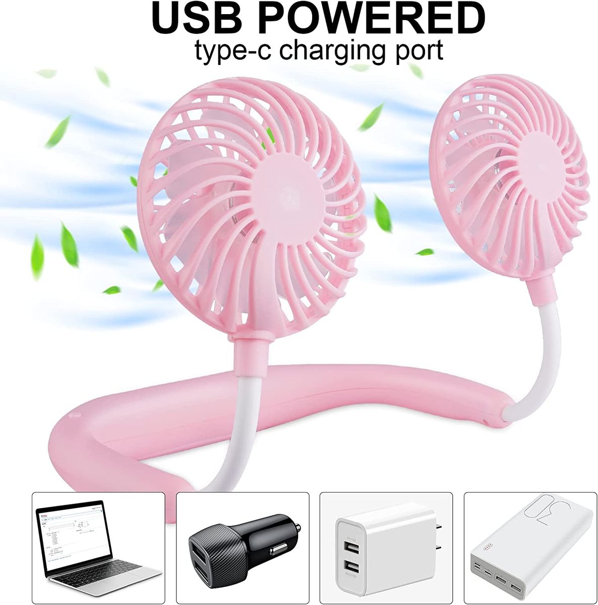 Portable USB Personal Hand Free Mini Lazy Person Neck Fan-Pink