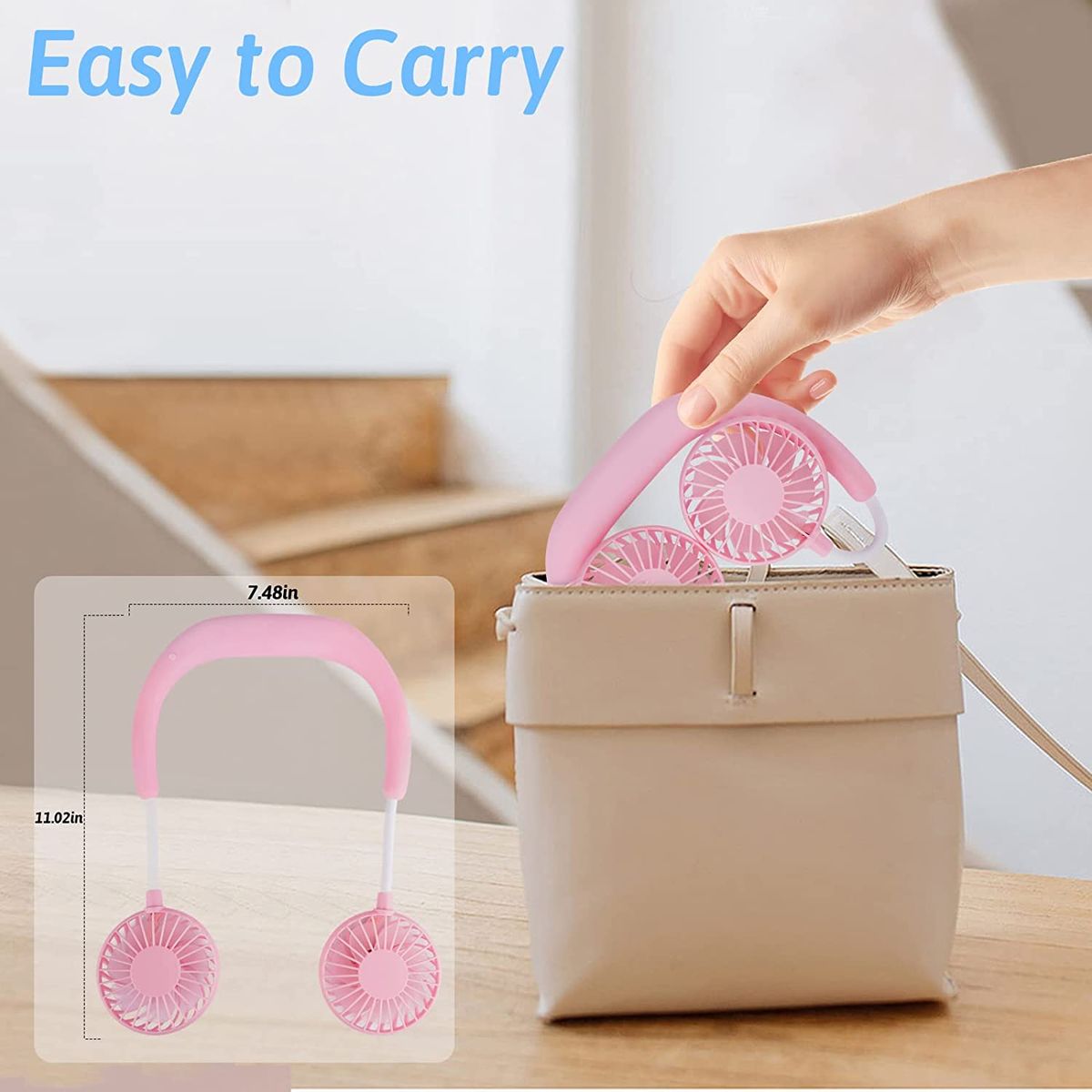 Portable USB Personal Hand Free Mini Lazy Person Neck Fan-Pink