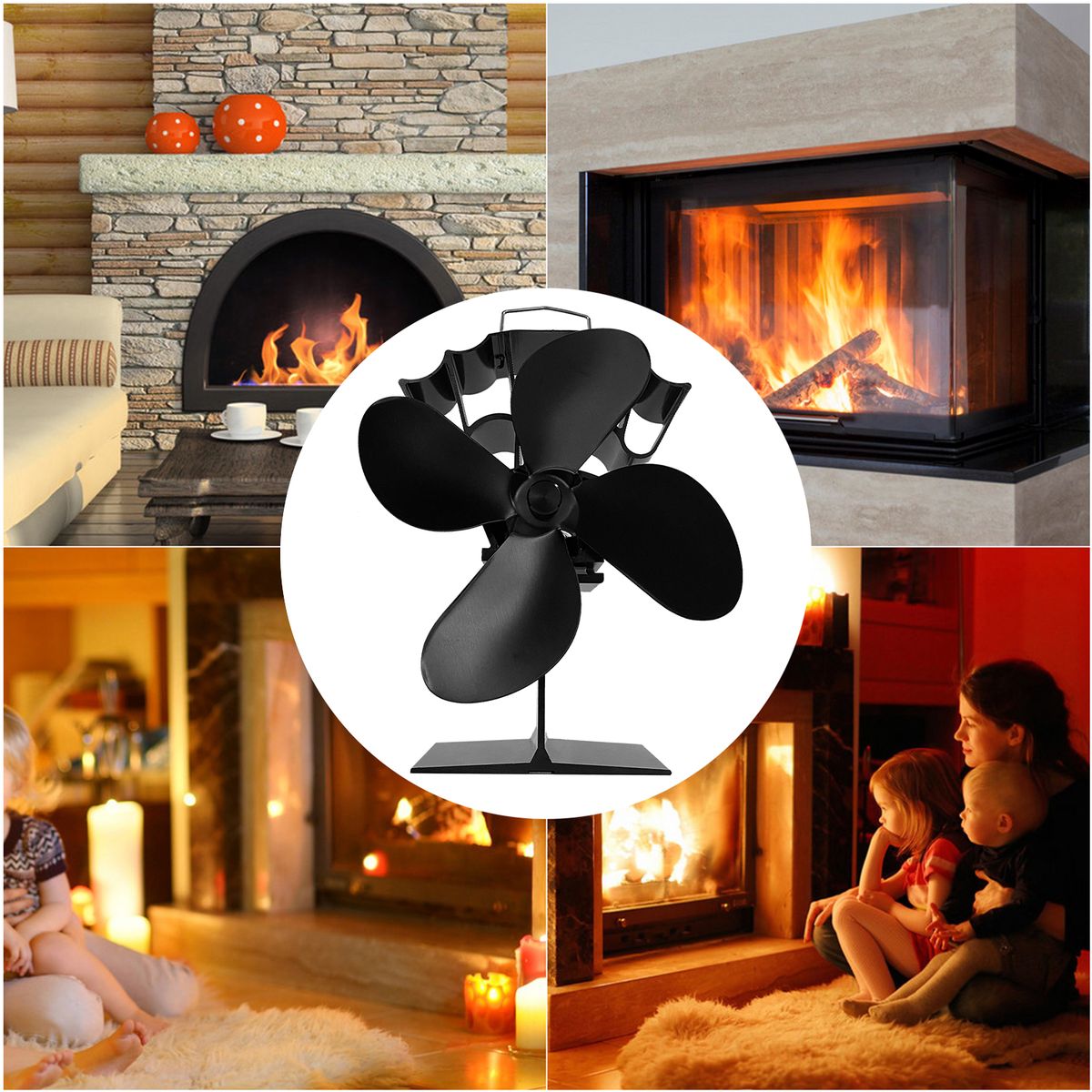 4 Blades Heat Powered Stove Fan Ultra Quiet Fireplace Wood