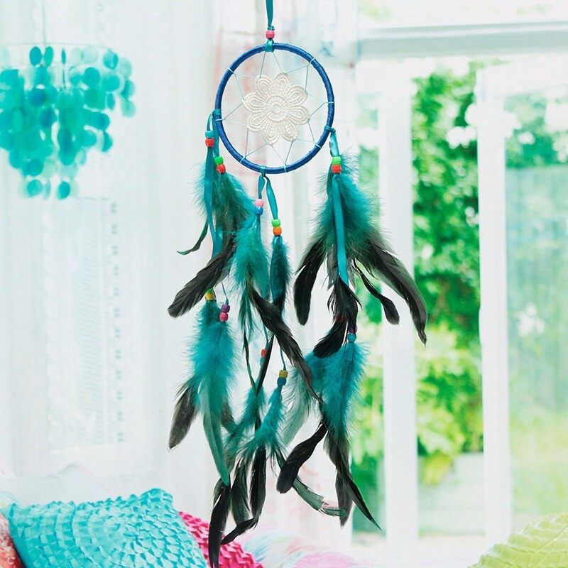 Indian Dream Catcher With Green Feather Handmade Hanging Decor Ornament Gifts