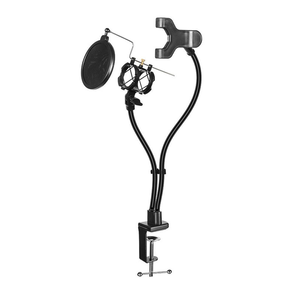 Microphone and Smartphone Stand Desk Holder with Clamp Windscreen for Live Stream/Online Course/Karaoke