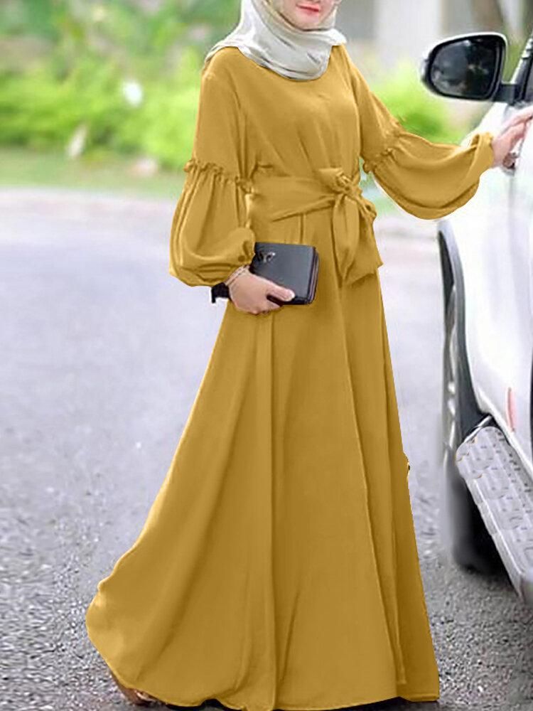 Women Long Sleeve Solid Color Belted O-Neck Button MaxiDress