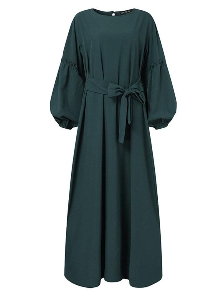 Women Long Sleeve Solid Color Belted O-Neck Button MaxiDress