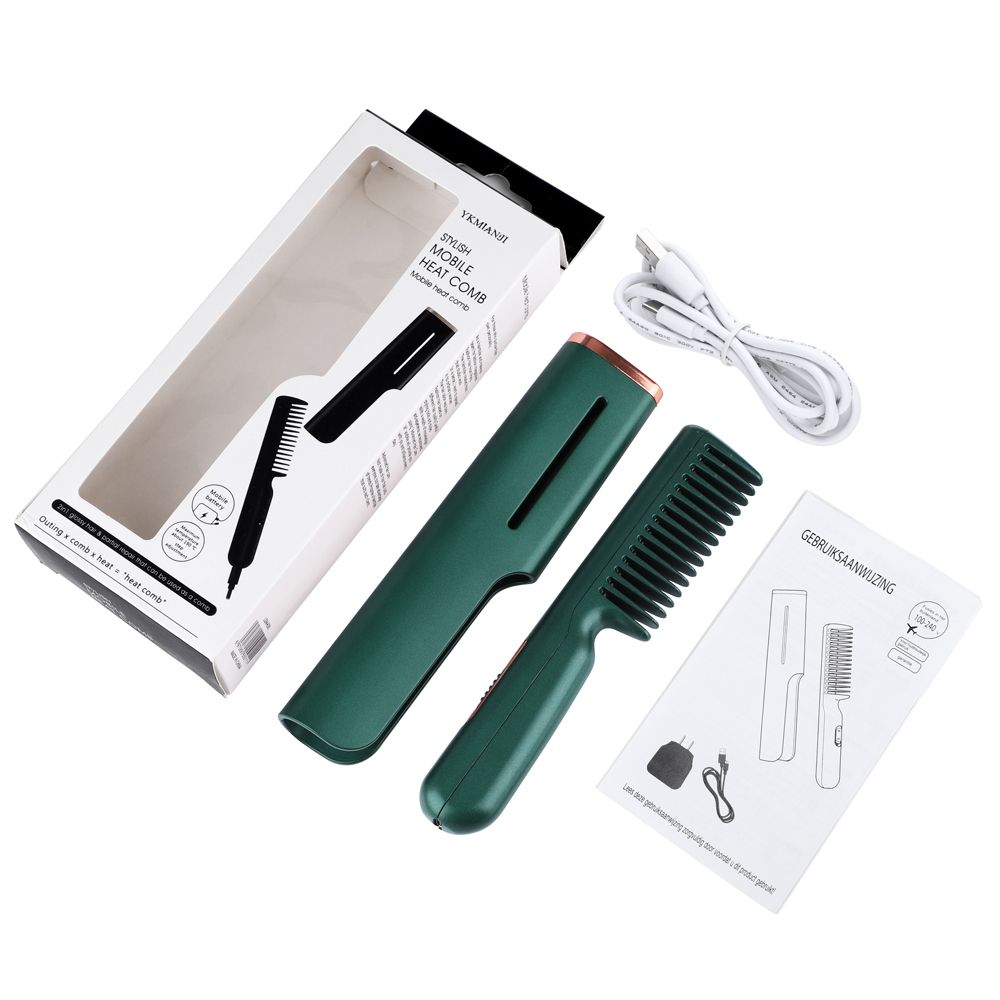 2 In1 Electric Hair Straightener Brush Comb Hair Curler Fast Heating Men Beard Straightening  Hot Comb Wet Dry Styling Tools Green