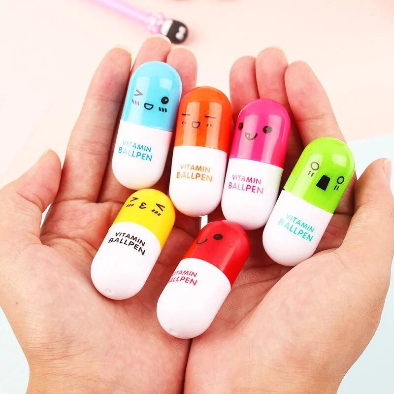 6pcs Color pill ballpoint pen Novelty Vitamin Capsule pill Blue color ink pens for writing signature Office School supplies F205