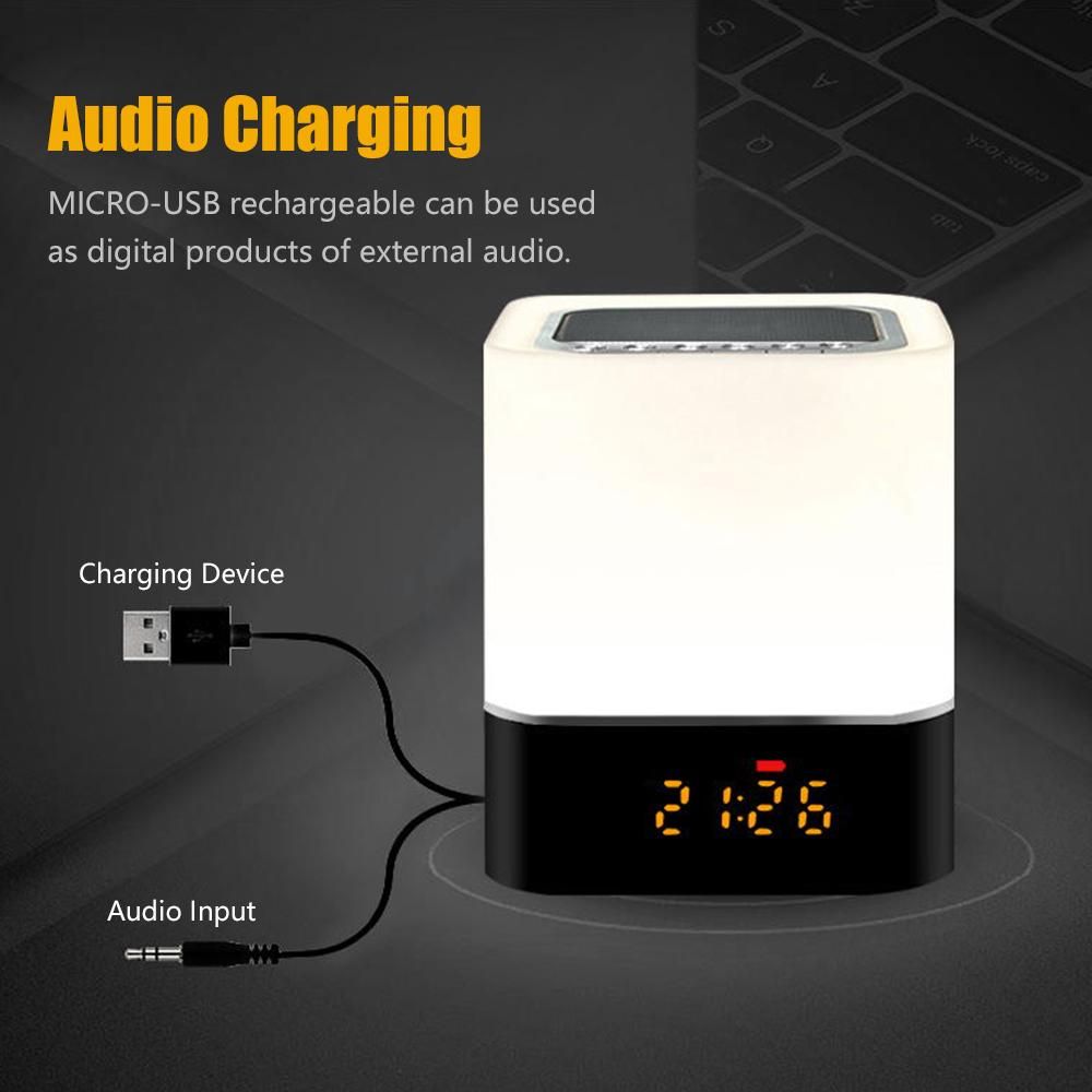 Night Light Speaker Digital Alarm Clock Bedside Table Lamp with 7-color 3 Brightness Adjustment BT/ USB Flash Disk/ TF Support Multicolor Changing Table Lamp