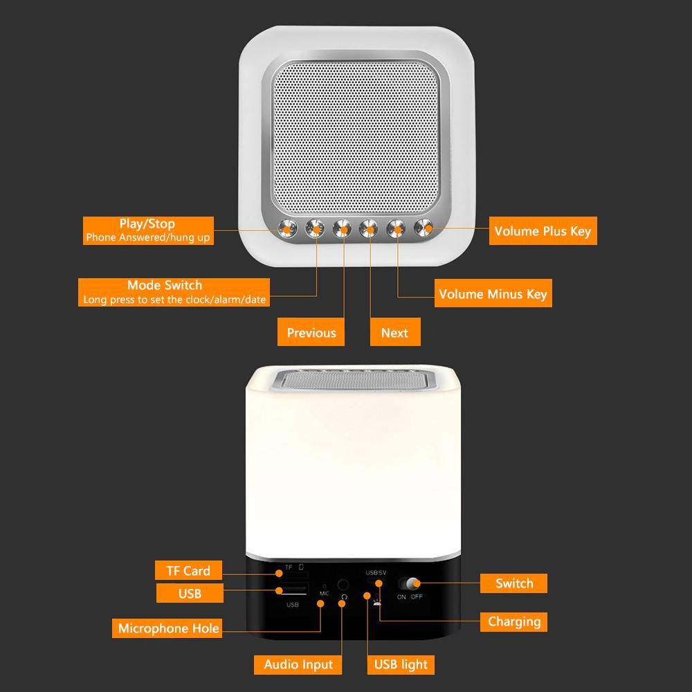 Night Light Speaker Digital Alarm Clock Bedside Table Lamp with 7-color 3 Brightness Adjustment BT/ USB Flash Disk/ TF Support Multicolor Changing Table Lamp