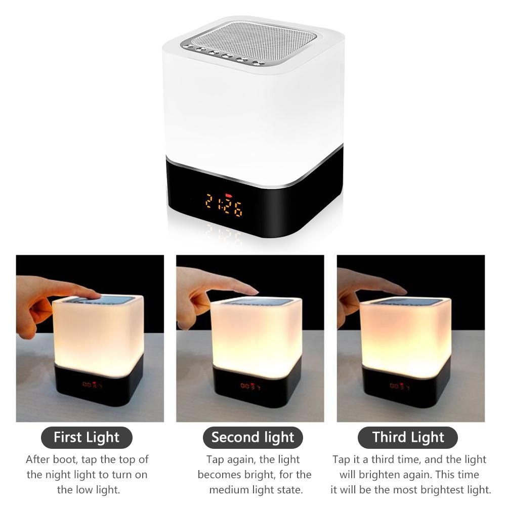 Night Light Speaker Digital Alarm Clock Bedside Table Lamp with 7-color 3 Brightness Adjustment BT/ USB Flash Disk/ TF Support Multicolor Changing Table Lamp