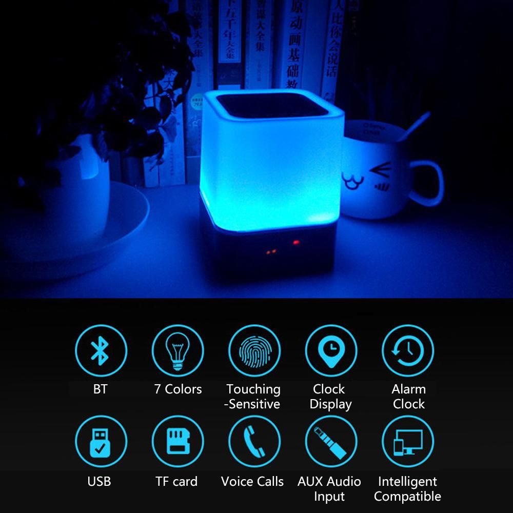 Night Light Speaker Digital Alarm Clock Bedside Table Lamp with 7-color 3 Brightness Adjustment BT/ USB Flash Disk/ TF Support Multicolor Changing Table Lamp