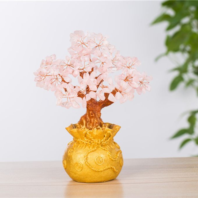 Mini Feng Shui Bring Wealth Luck Tree Crystal Money Tree Purse Pink