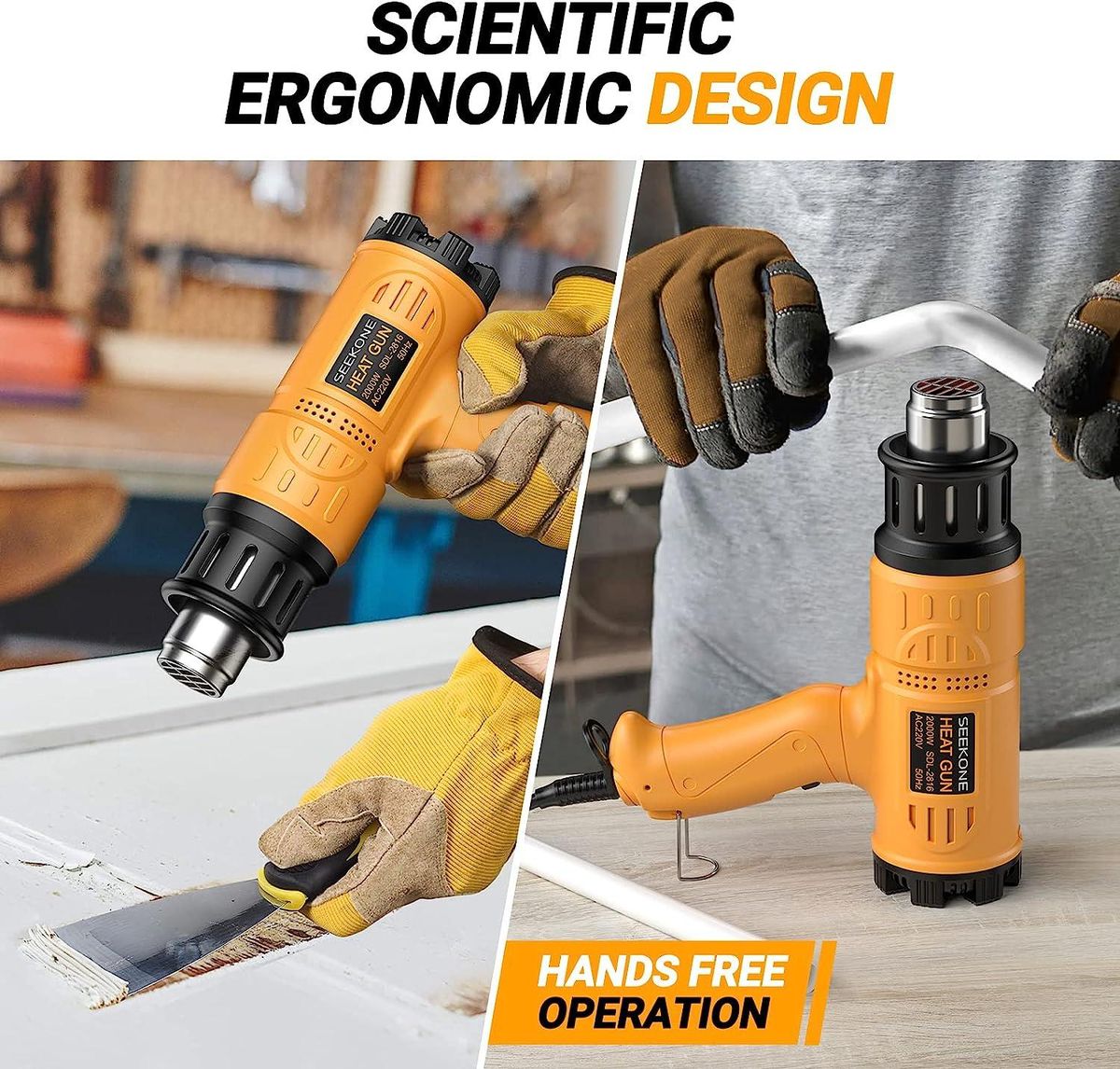 Heat Gun, SEEKONE 2000W Professional Hot Air Gun 49℃- 600℃ Variable Temperature Control with 2-Temp Settings, Overload Protection, Double Heating Wire Fast Heating, 7 Accessories for Shrinking PVC