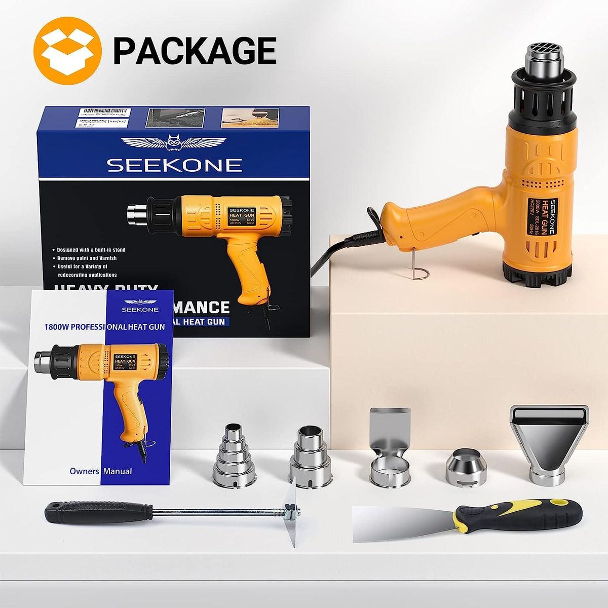 Heat Gun, SEEKONE 2000W Professional Hot Air Gun 49℃- 600℃ Variable Temperature Control with 2-Temp Settings, Overload Protection, Double Heating Wire Fast Heating, 7 Accessories for Shrinking PVC