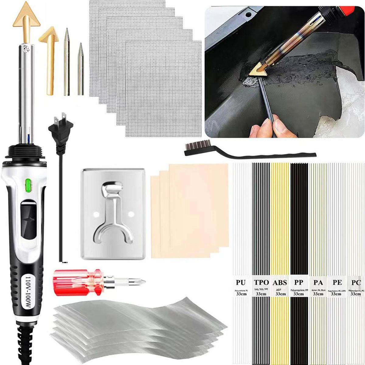 100W Plastic Welding kit,2-in-1 Plastic Welder & Soldering Iron Gun, 3-Speed Temperature Control Soldering Iron Gun  For Bumper Kayak Repair Rework Station Heat Repair Tool Electric   Soldering