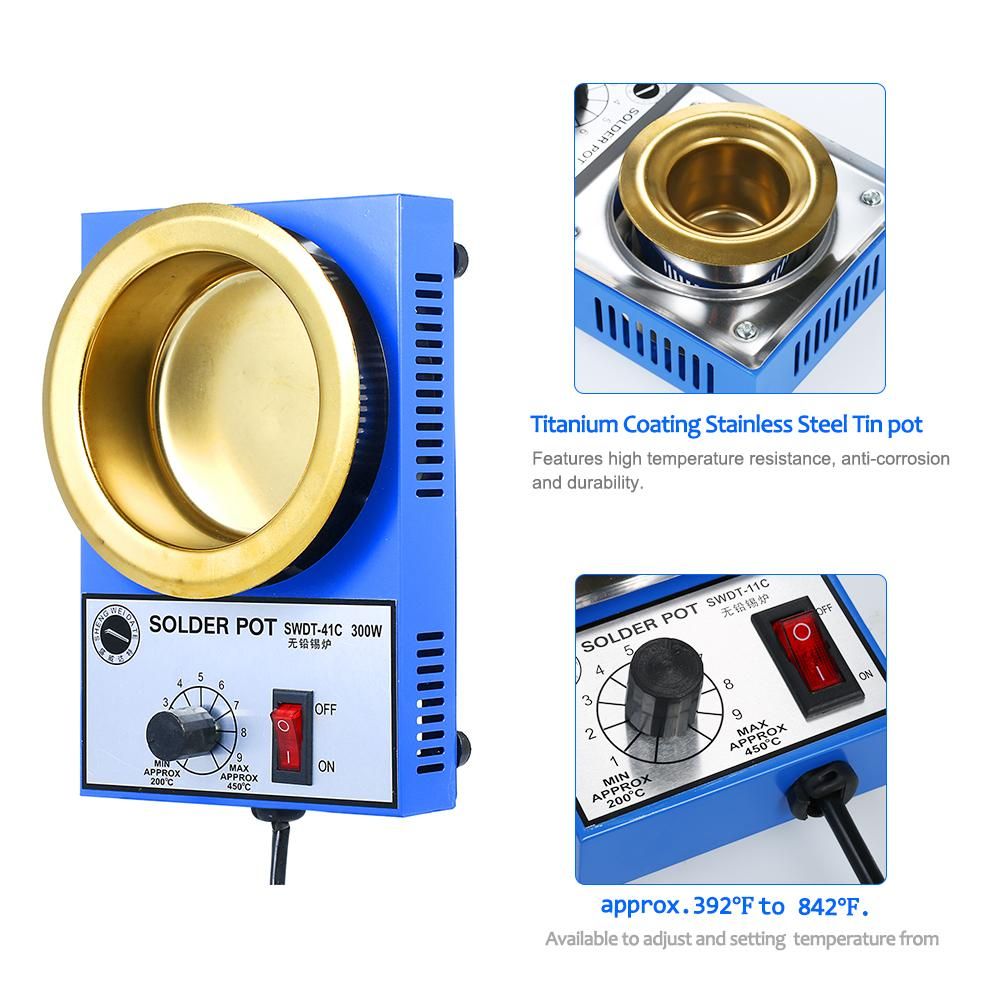 300W 220V 100mm 1200g Mini Lead Free Soldering Pot Titanium Coating Stainless Steel Solder Pot Compact Temperature Adjustable Solder Bath for Welding and Soldering