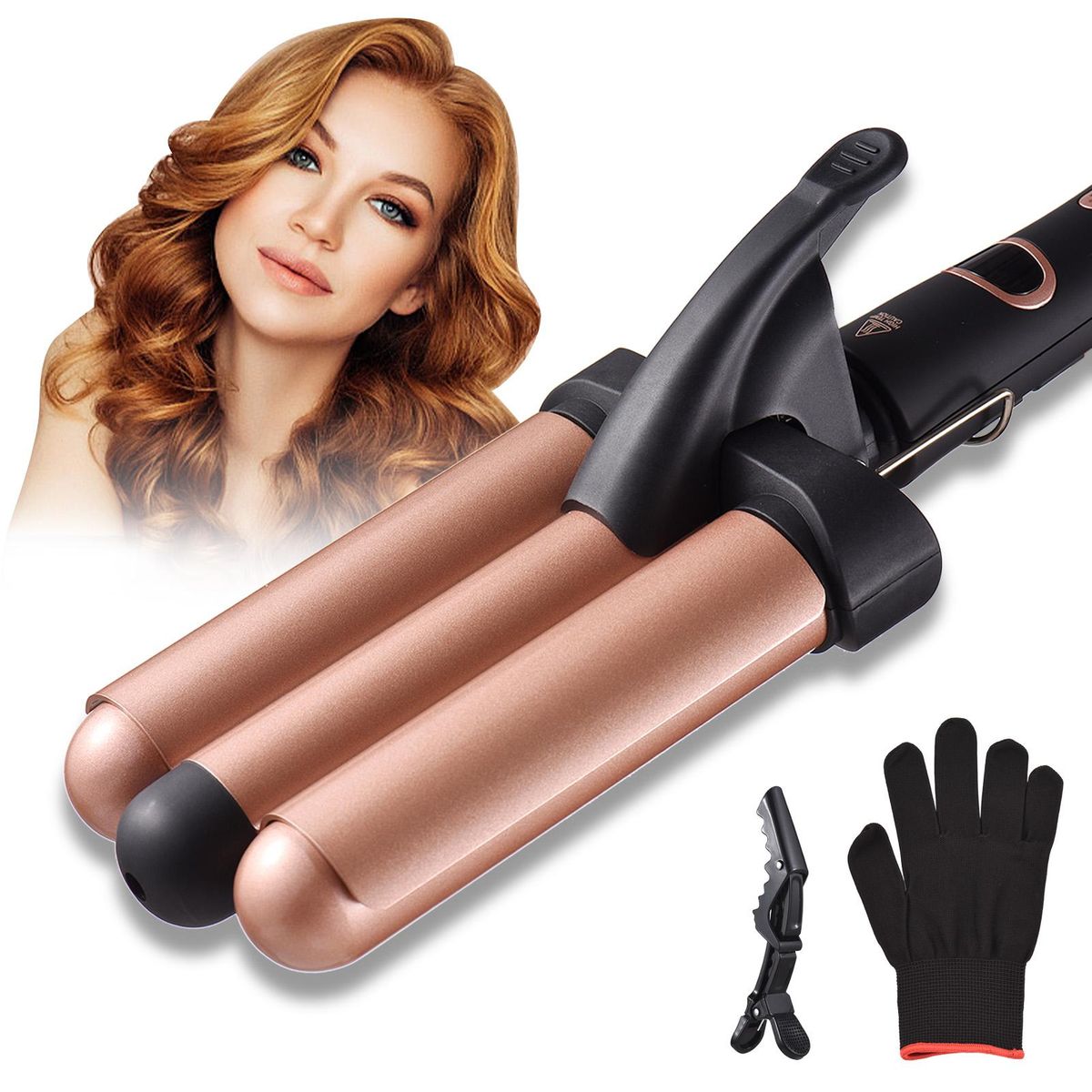 Pretfy Hair Curling Iron 3-Barrel 32mm Hair Waver Hair Curler Temperature Adjustable LCD Temp Display Hair Styling Tool