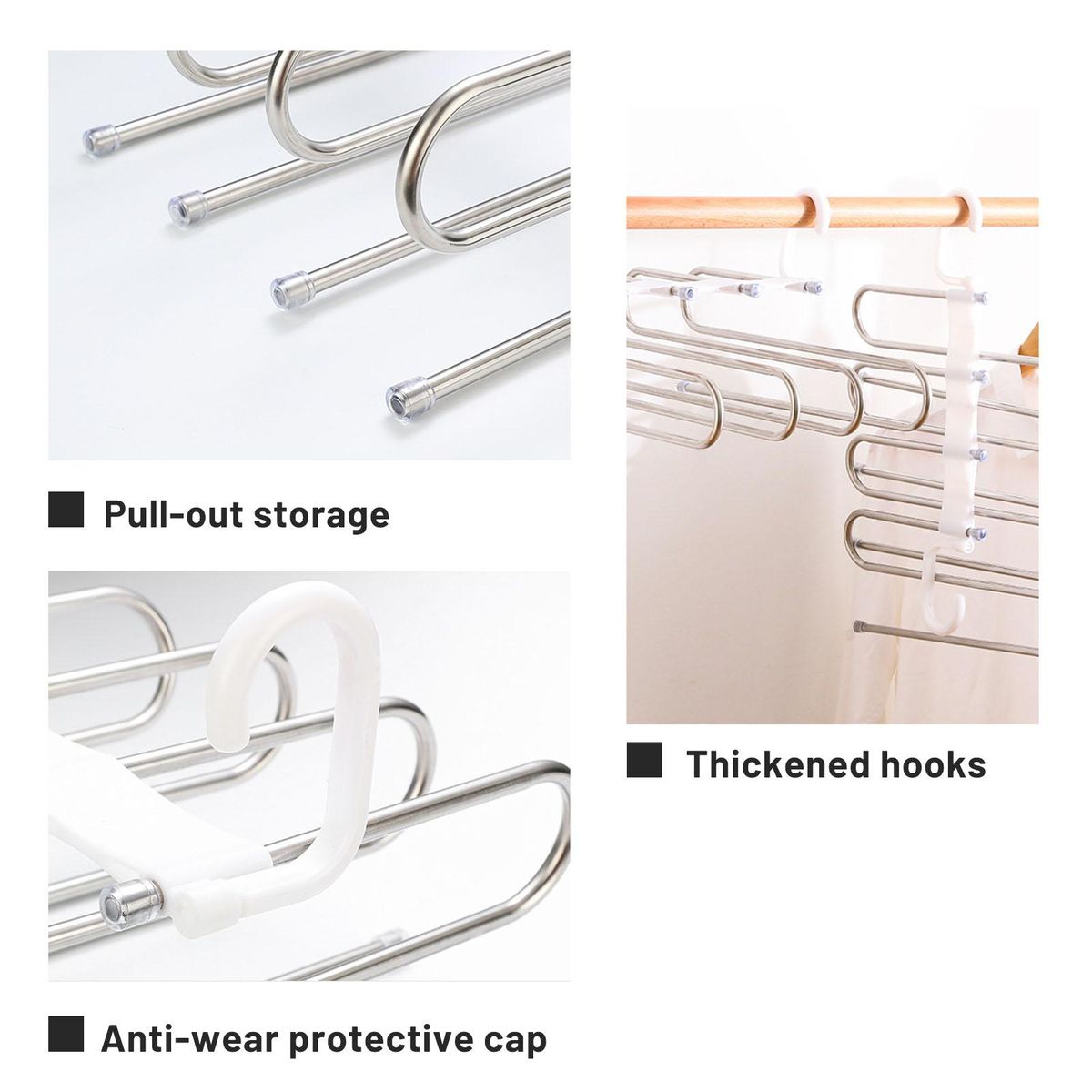 Space Saving 8-in-1 Pants Hanger 8 Layered Stainless Steel Rack Closet Wardrobe Organizer Slip Resistant Pull-out Dual Hooks Foldable for Trousers Jeans Scarves Ties Towels Clothes