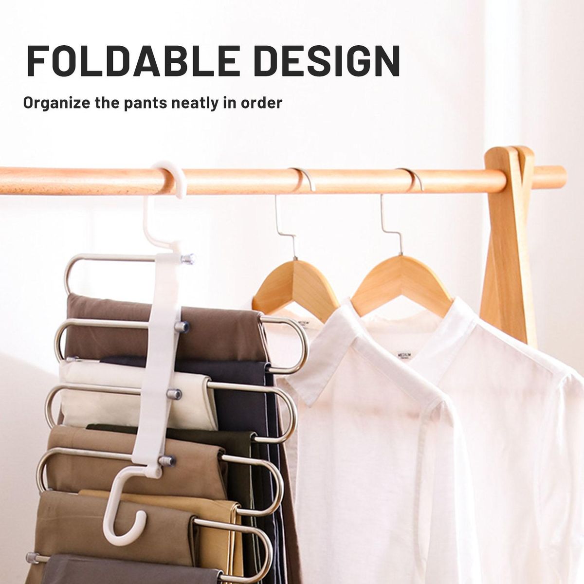 Space Saving 8-in-1 Pants Hanger 8 Layered Stainless Steel Rack Closet Wardrobe Organizer Slip Resistant Pull-out Dual Hooks Foldable for Trousers Jeans Scarves Ties Towels Clothes