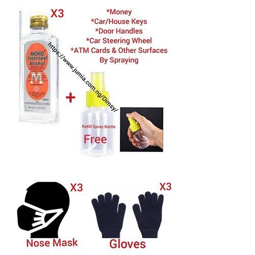 3pcs Isopropyl Methylated Spirit Disinfectant +1 Free Spray Bottle+3 Reusable Gloves & 3 Nose Masks
