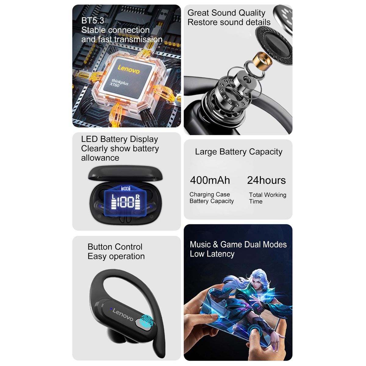 Lenovo XT60 BT5.3 True Wireless Headphones Low Latency Game Earphone Earhook Earbuds Waterproof Sport Headset with Mic 400mAh Charging Case Battery Digital Display