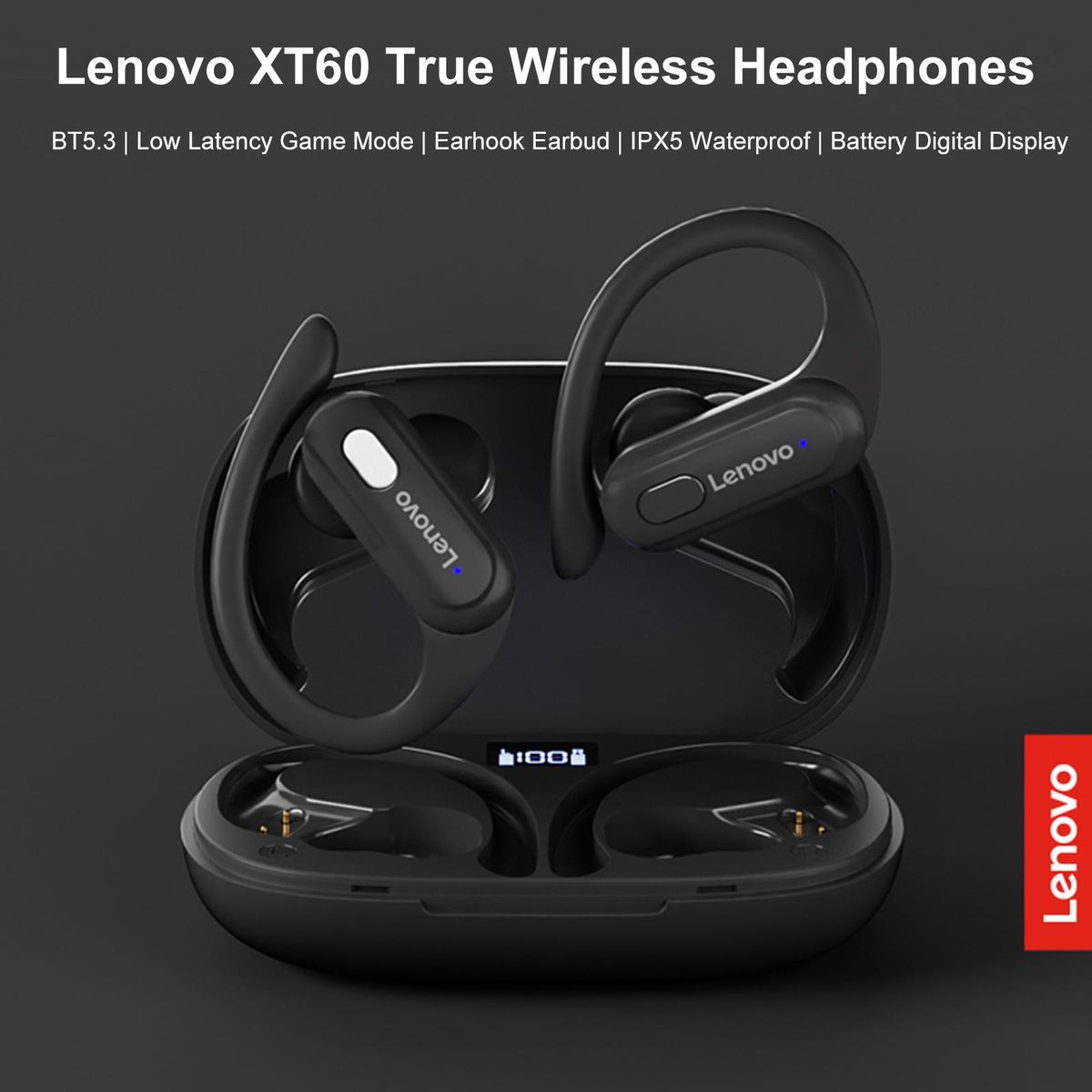 Lenovo XT60 BT5.3 True Wireless Headphones Low Latency Game Earphone Earhook Earbuds Waterproof Sport Headset with Mic 400mAh Charging Case Battery Digital Display