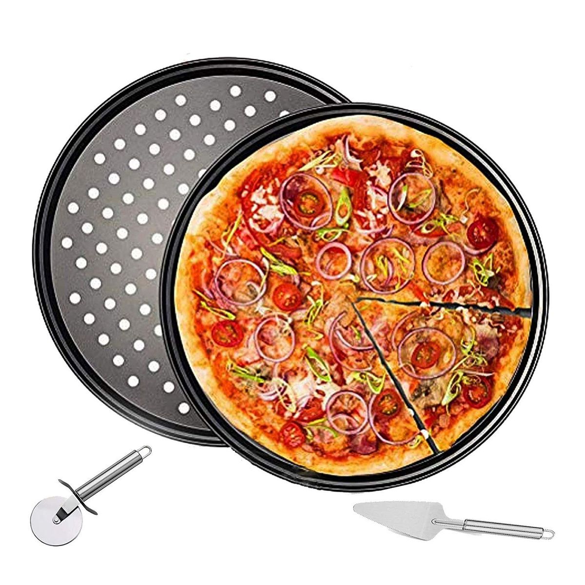 12.5 Inch Round Pizza Pan Pizza Cutter Pizza Slicer Kit Non-Stick Cake Pizza Crisper Server Tray Stand for Oven