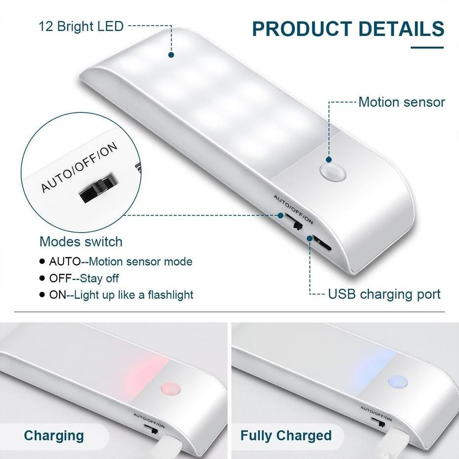 Under Cabinet Lights Kitchen Lighting IR Motion Sensor 12LEDS smd5730 Night Lights USB Chargeable Stair Light Closet Lamp
