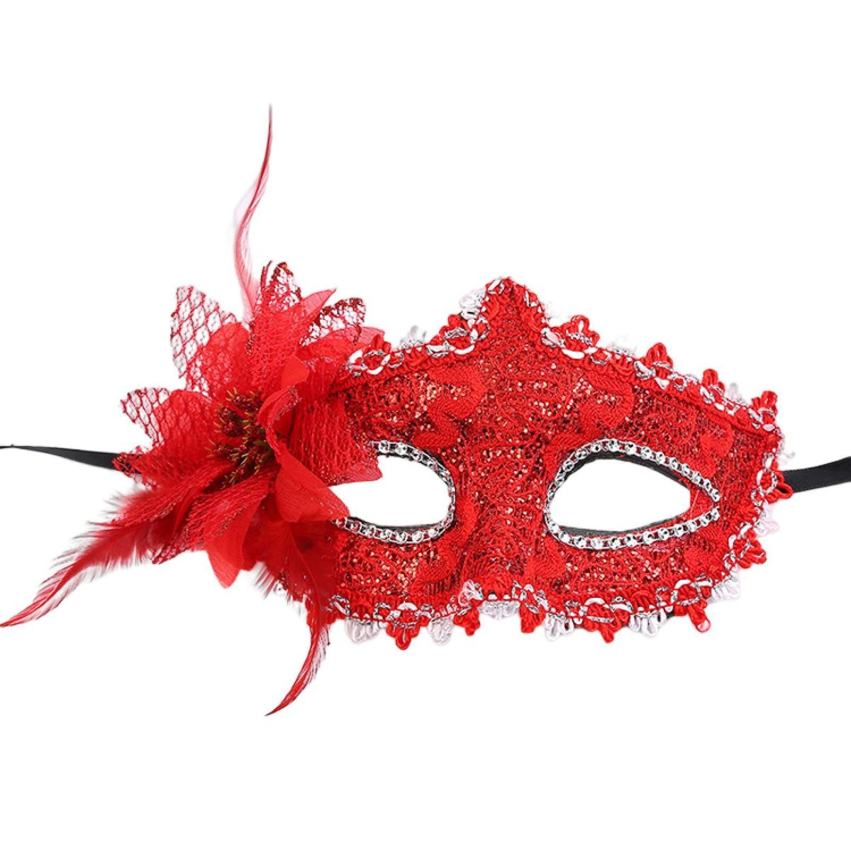 Glittering Floral Half Face Guard Lightweight Halloween Masquerade Red