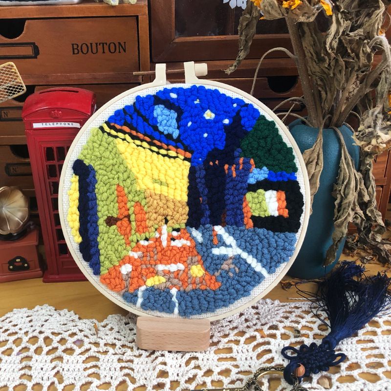 Totoro Punch Needle Corgi Embroidery Kit DIY Needlework The Starry Night Pattern Needlecraft For Beginner(Without Pen) E
