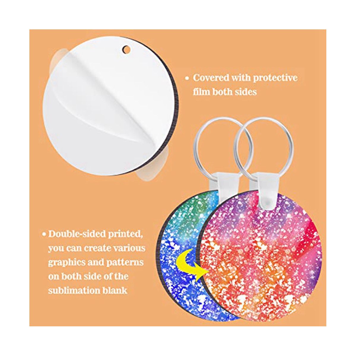 50 Pieces Round Sublimation Keychain Blanks Double Side Heat Transfer Blanks MDF Blank Board Key Rings Blanks