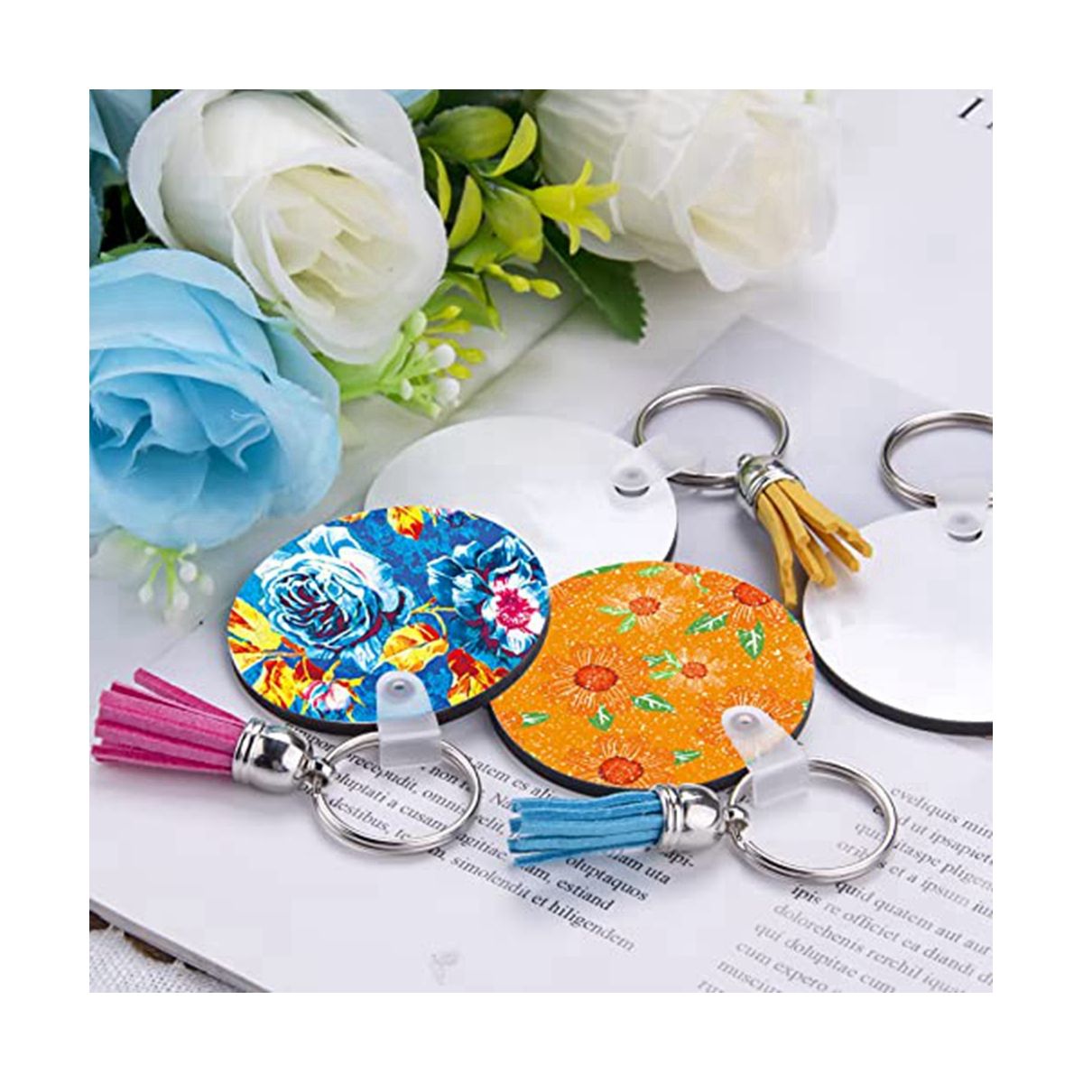50 Pieces Round Sublimation Keychain Blanks Double Side Heat Transfer Blanks MDF Blank Board Key Rings Blanks