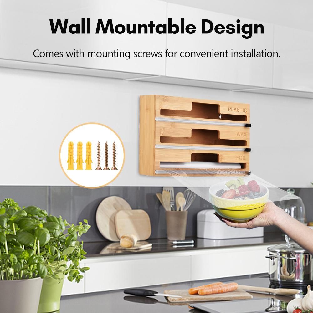 3-in-1 Wrap Dispenser with Slide Cutter Plastic Wrap Aluminum Foil Wax Paper Dispenser for Kitchen Drawer/ Wall Mount