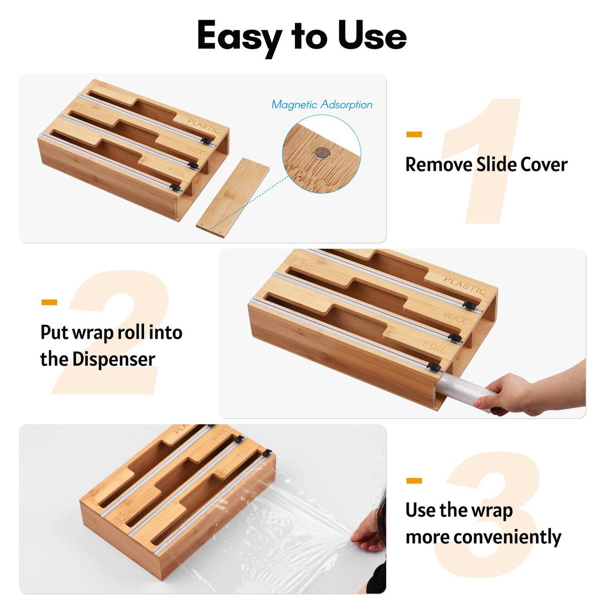 3-in-1 Wrap Dispenser with Slide Cutter Plastic Wrap Aluminum Foil Wax Paper Dispenser for Kitchen Drawer/ Wall Mount