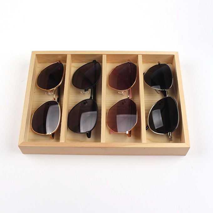 Necklaces Eyeglasses Organizer Box Storage Tray 4 Grids Wood Color