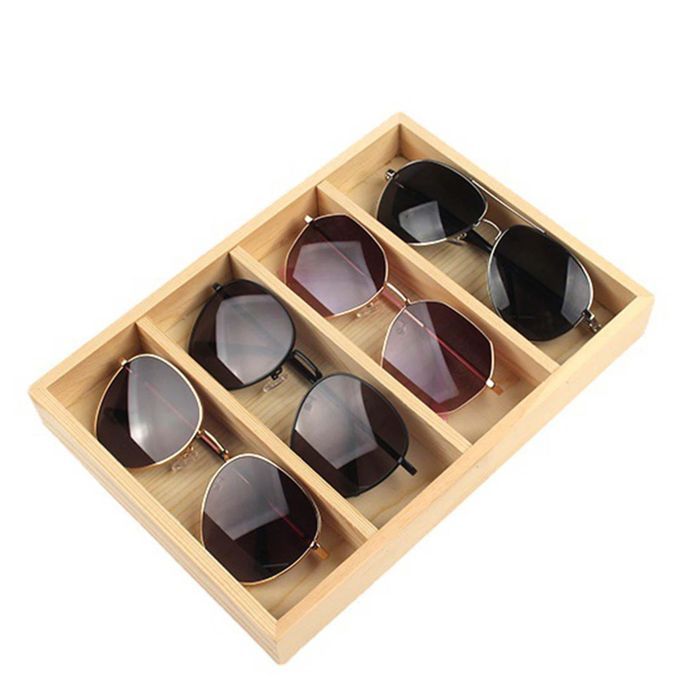Necklaces Eyeglasses Organizer Box Storage Tray 4 Grids Wood Color