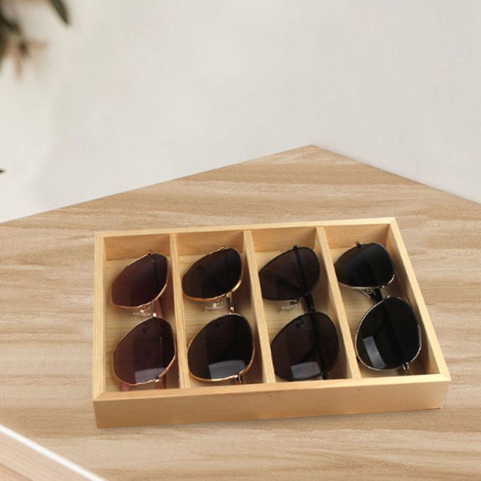 Necklaces Eyeglasses Organizer Box Storage Tray 4 Grids Wood Color