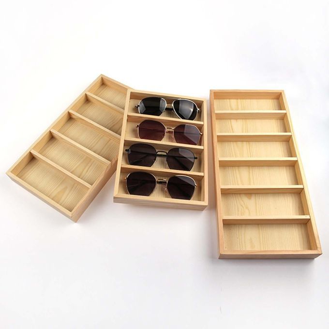 Necklaces Eyeglasses Organizer Box Storage Tray 4 Grids Wood Color