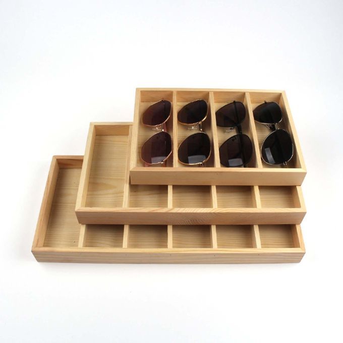 Necklaces Eyeglasses Organizer Box Storage Tray 4 Grids Wood Color