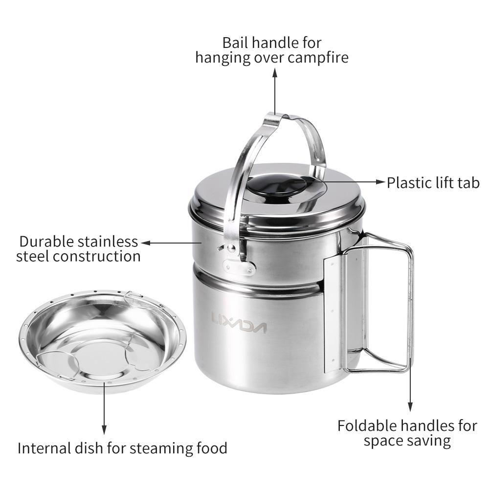 Lixada Stainless Steel Bail Handle Camping Pot with Internal Steaming Dish Foldable Handle