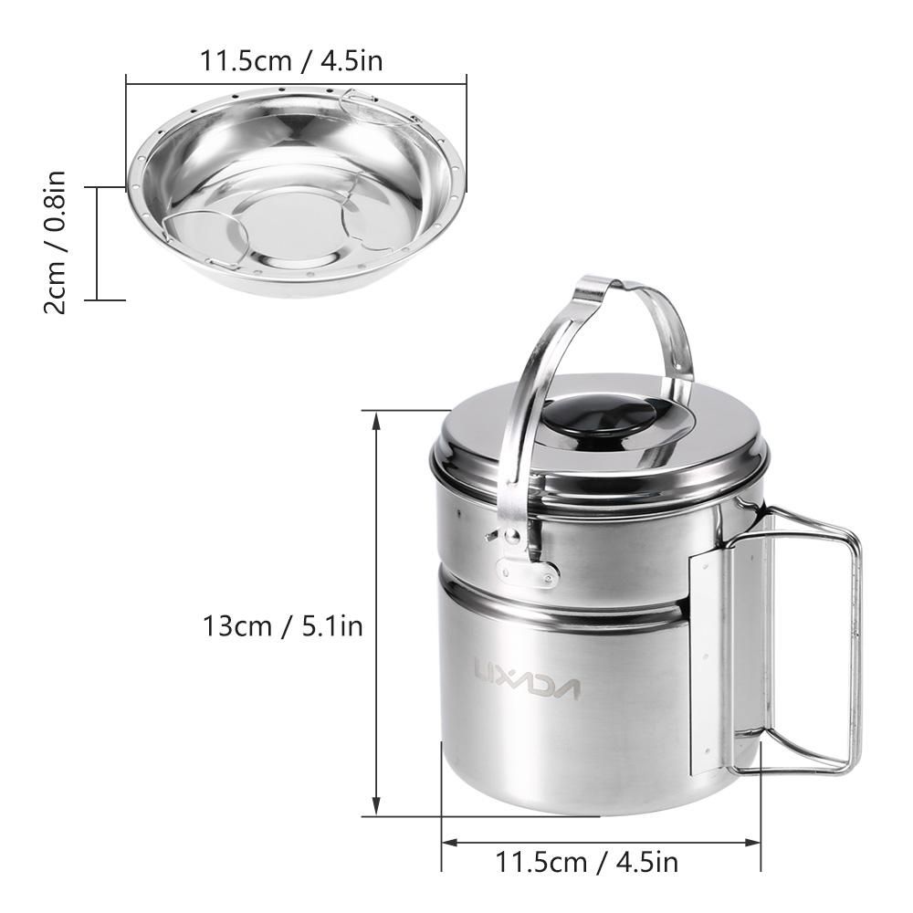 Lixada Stainless Steel Bail Handle Camping Pot with Internal Steaming Dish Foldable Handle