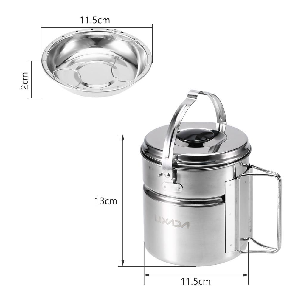 Lixada Stainless Steel Bail Handle Camping Pot with Internal Steaming Dish Foldable Handle