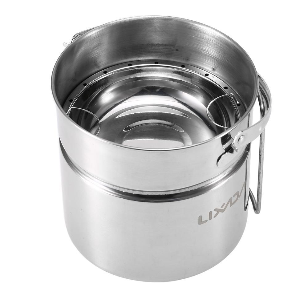 Lixada Stainless Steel Bail Handle Camping Pot with Internal Steaming Dish Foldable Handle