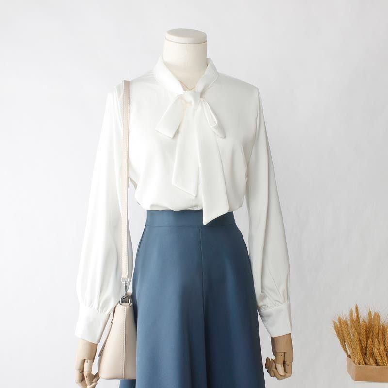 S45 New Bow Chiffon White Chiffon Shirt Women's Design Sense Niche Long Sleeve Elegant Top Spring and Autumn Shirt